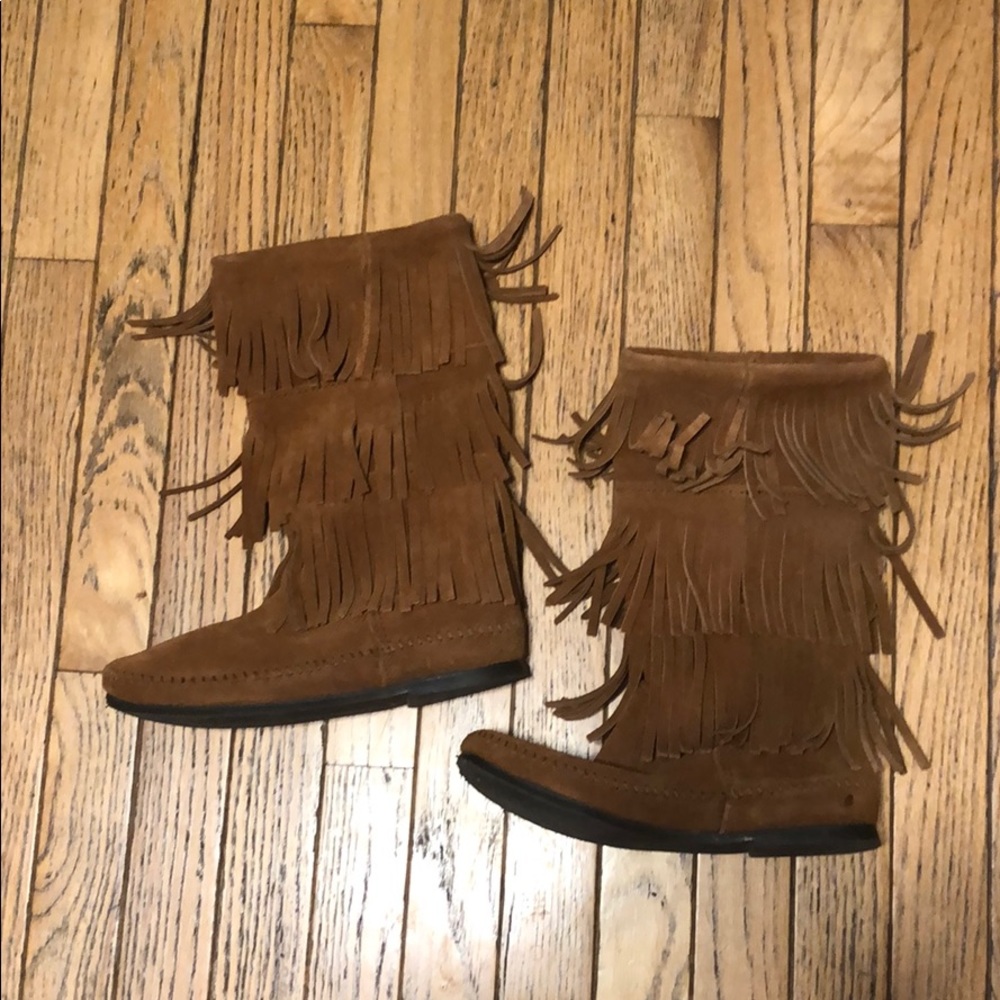 Minnetonka Brown Suede Triple Fringe Moccasin Boots